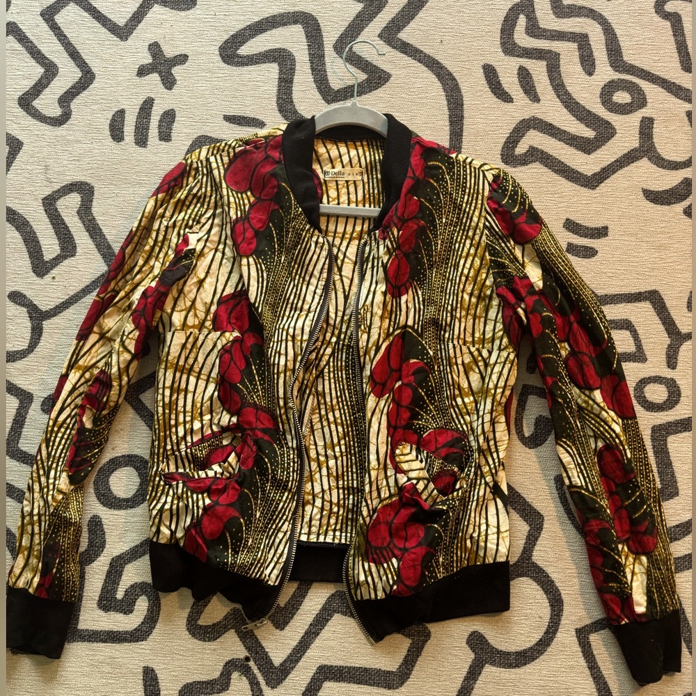 African print bomber jacket.